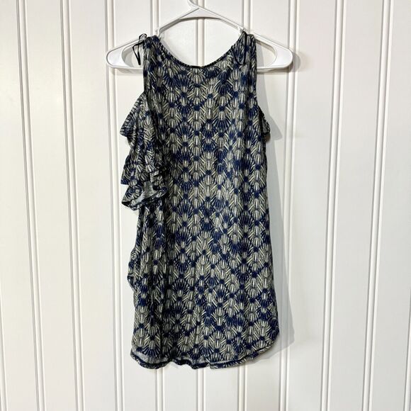 WE THE FREE Top Women Size Medium Linen Floral Cold Shoulder Flutter Sleeve Blue - Picture 5 of 5